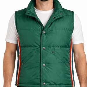 Vintage Topher Down Green Puffer Vest Rainbow Stripe 70s 80s Ski Canada Medium